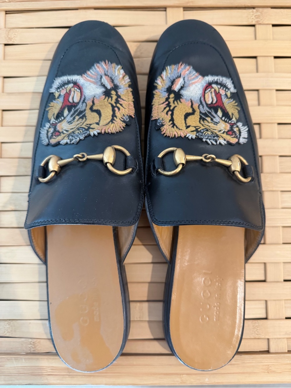 Gucci Black Leather Tiger Embroidered Horsebit Slip-On Mules